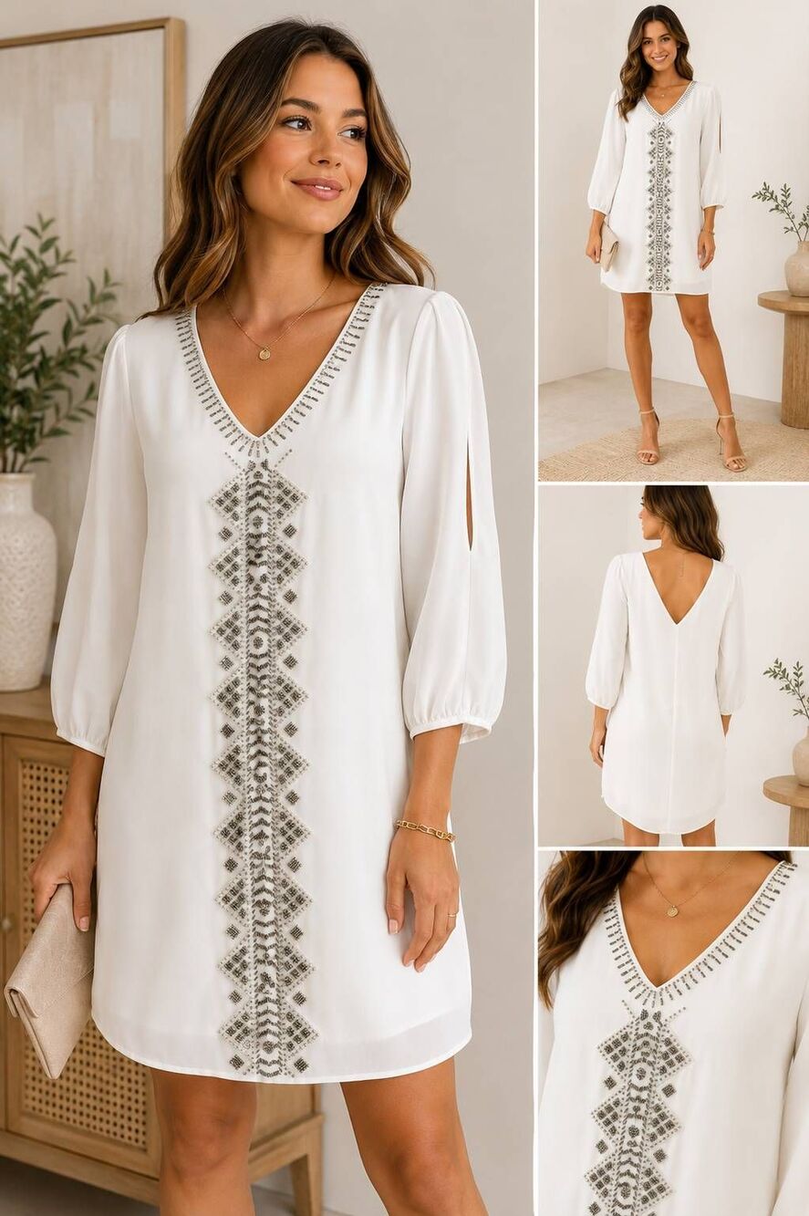 Greylin anthropologie White Beaded Shift Dress Size L V-Neck 3/4 Sleeve NWT